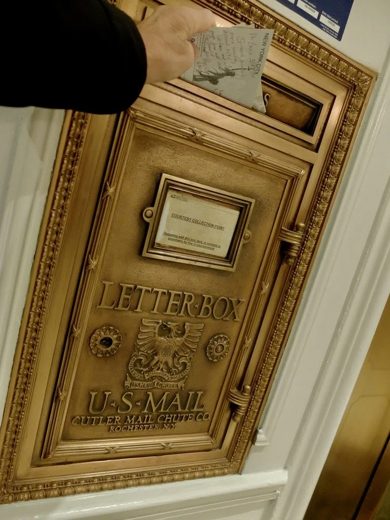  I was assured that mail is picked up from this letter box.  The postcards finally arrived in France.  Lobby of the Warwick Hotel.   