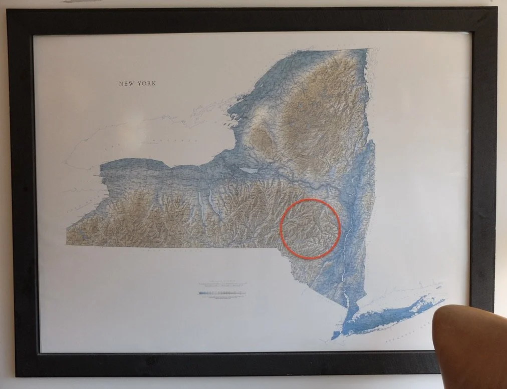  Approximate location of the Catskill Mountains on a NYS map at Scribner's Catskill Lodge, Hunter, NY. 