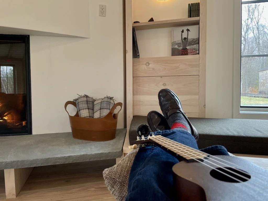  “Inside the Apex Lodge, the Apex Lounge is a communal space…It is a cozy space to recharge, read, or take in the mountain views by the fireplace.”   Scribner's Catskill Lodge, Hunter, NY. 