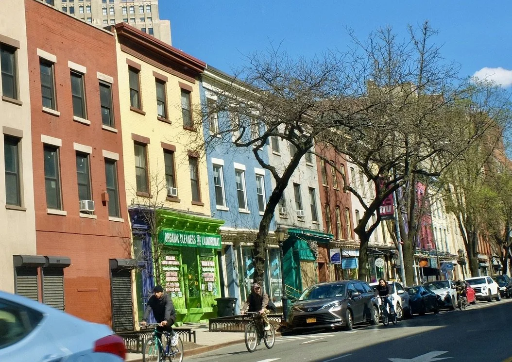  Colorful vintage row houses on Atlantic Ave., Brooklyn, NY. 