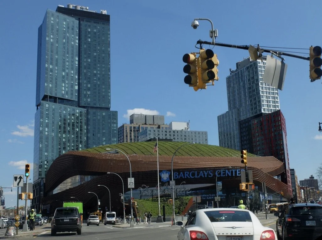  Barclays Center with its distinctive grass roof.   Note the huge residential buildings.  Zoning regulations along Atlantic Ave. came down &amp; the buildings went up &amp; up. 