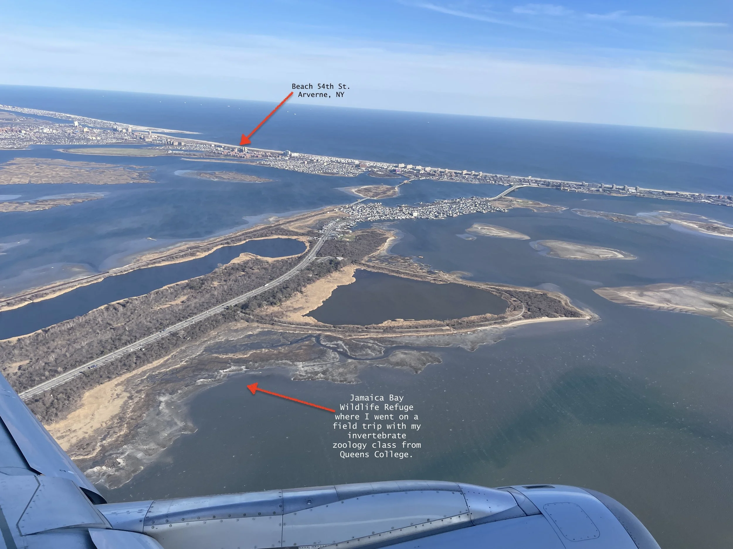  Cross Bay Boulevard causeway across Jamaica Bay to the Rockaways seen from American Airlines flight departing JFK.  We lived where the top arrow is pointing to from before I was in kindergarten through through 4th grade. It was the first middle inco