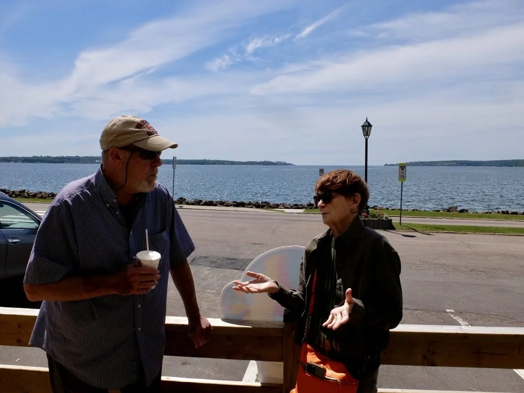  Nomi with Don at the Kiwanis Dairy Bar along Victoria Park, Charlottetown, PEI.  Looking out over the Hillsborough River into the outlet to the Northumberland Strait. 