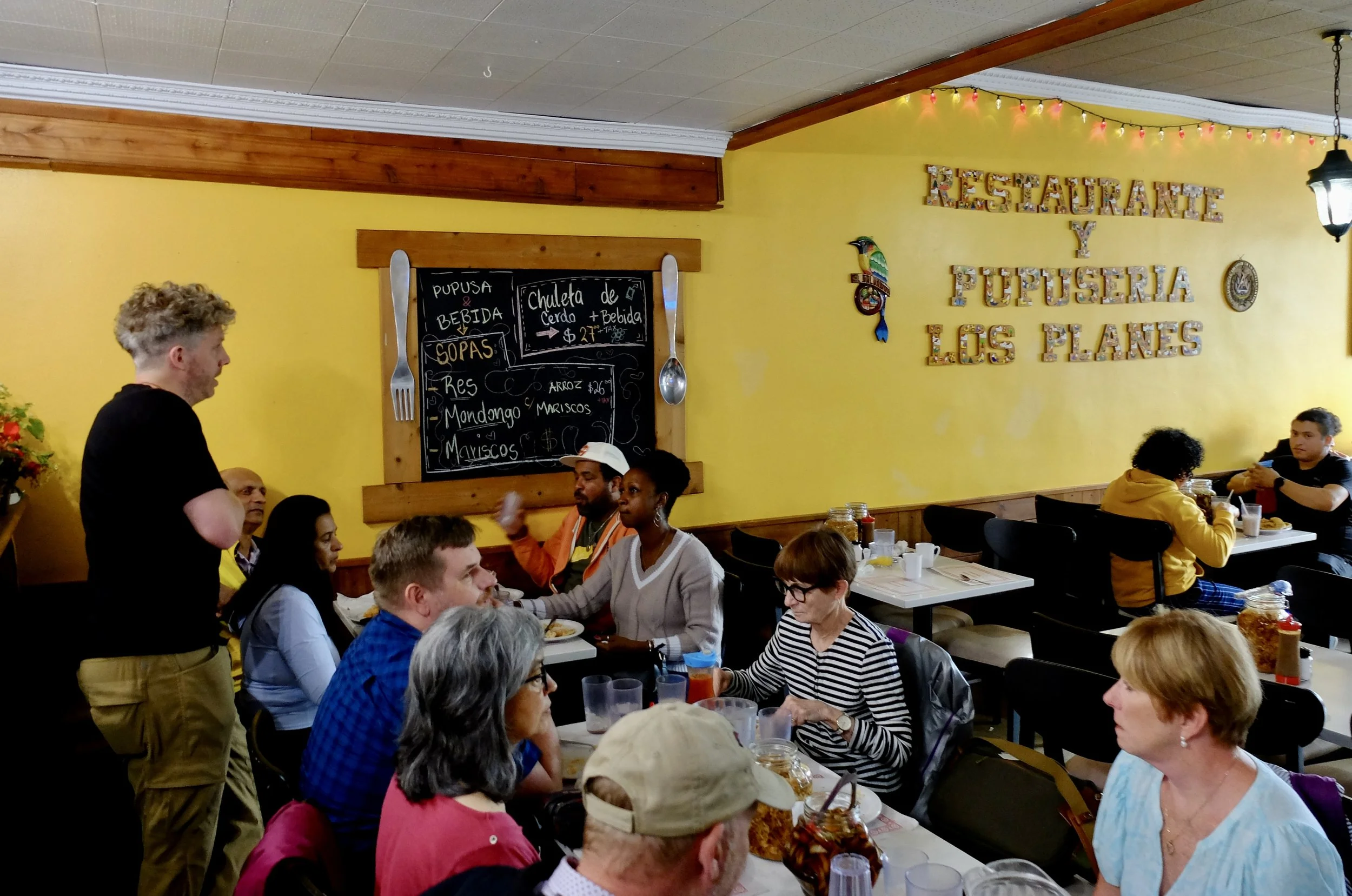  Our group of ten lovely folks at the start of the Beyond the Market walking food tour of Montréal.  We started in a Salvadorean restaurant in the Hispanic district of Montréal.  Who knew? 