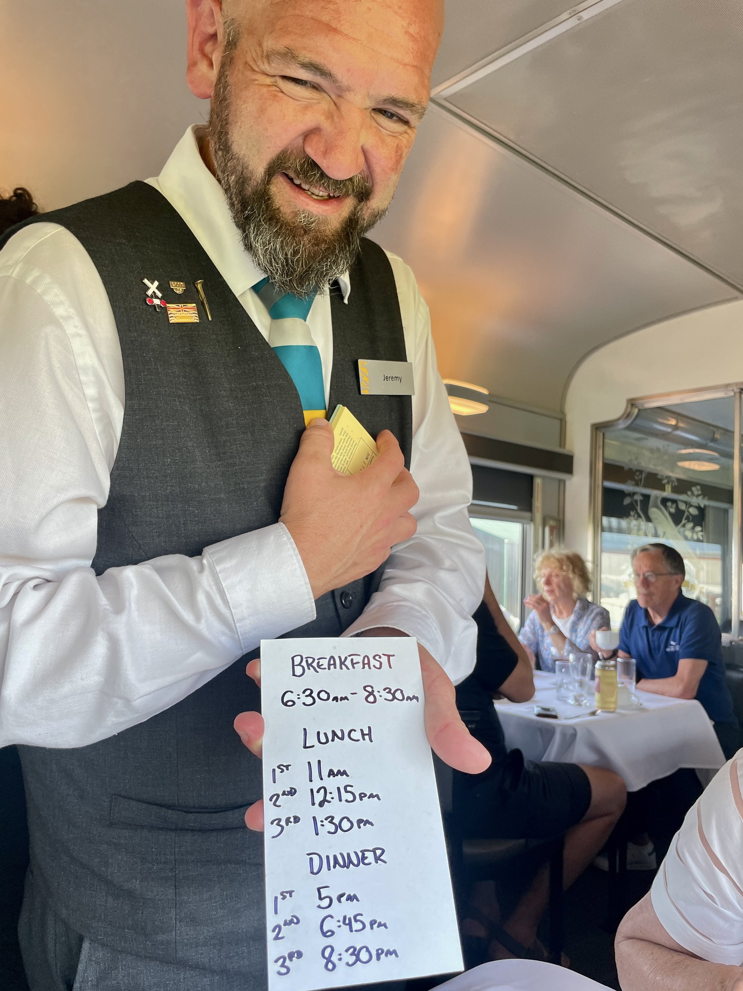  The crew changed in Winnipeg.  Thinking we’d be continuing on the train to Jasper, Jeremy presented us with our meal seating choices.   