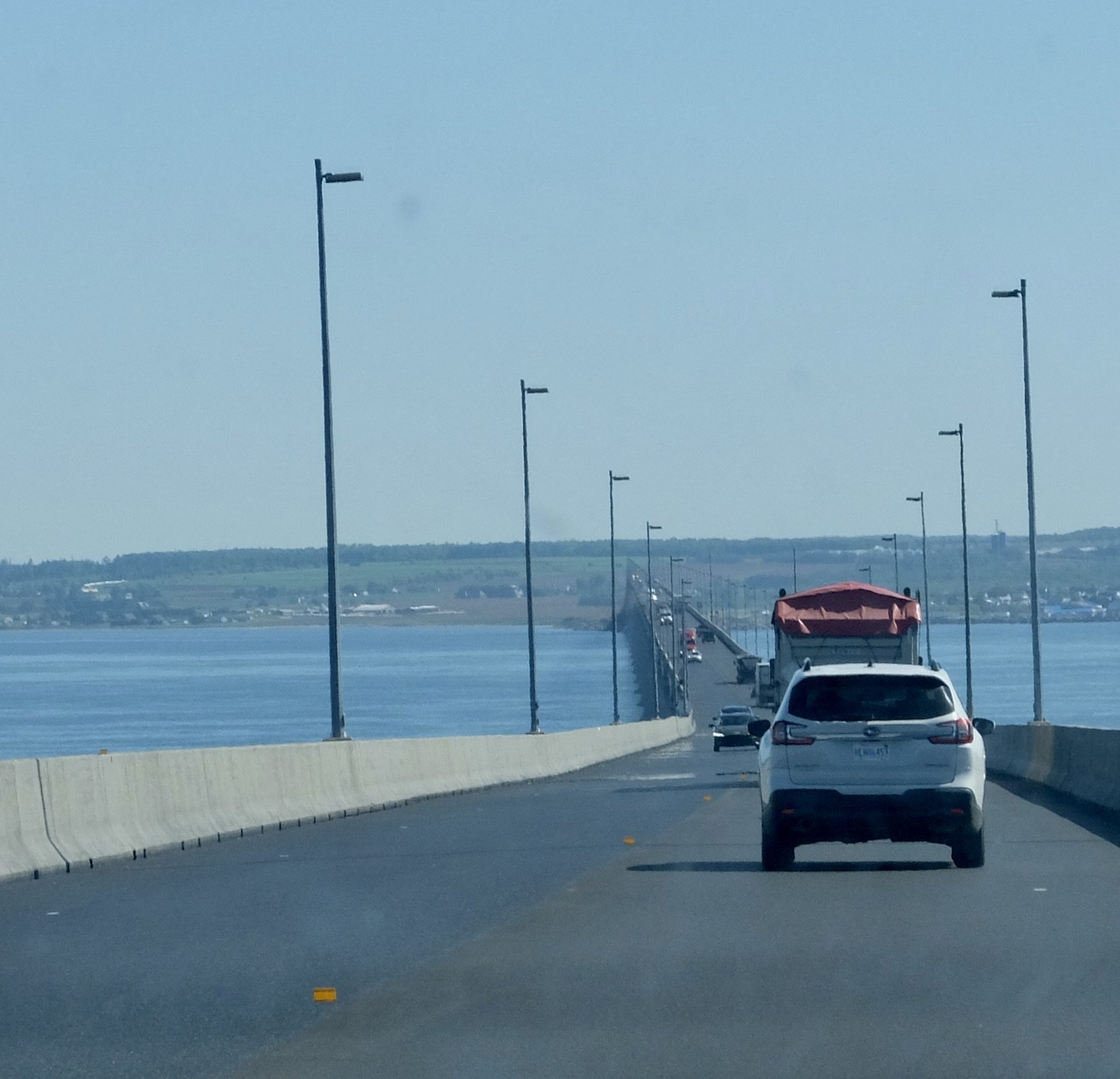  More than halfway across the Confederation Bridge approaching Prince Edward Island (PEI) &amp; our destination in Charlottetown. 