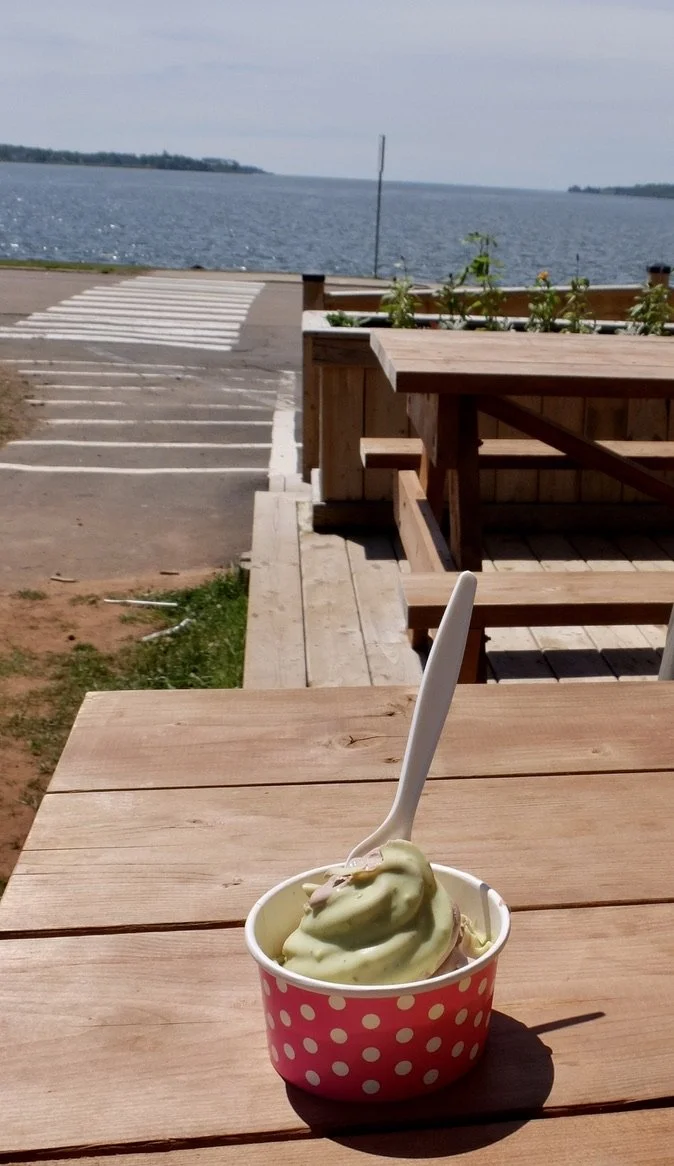  Soft serve ice cream with their newest dip, pistachio flavour.  Neither were very special.  Kiwanis Dairy Bar, since 1955 along Victoria Park overlooking the Charlottetown Harbour &amp; the outlet to the Northumberland Strait.  Charlottetown, PEI.  