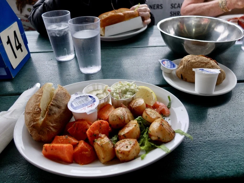   …but it was sure worth it. Fish &amp; chips for Don, a whole lobster for Janice, a lobster roll for Nomi &amp; I finally got unadorned local scallops.  Water Prince Corner Shop and Lobster Pound .  Specializing in seafood for over 30 years.  Charlo