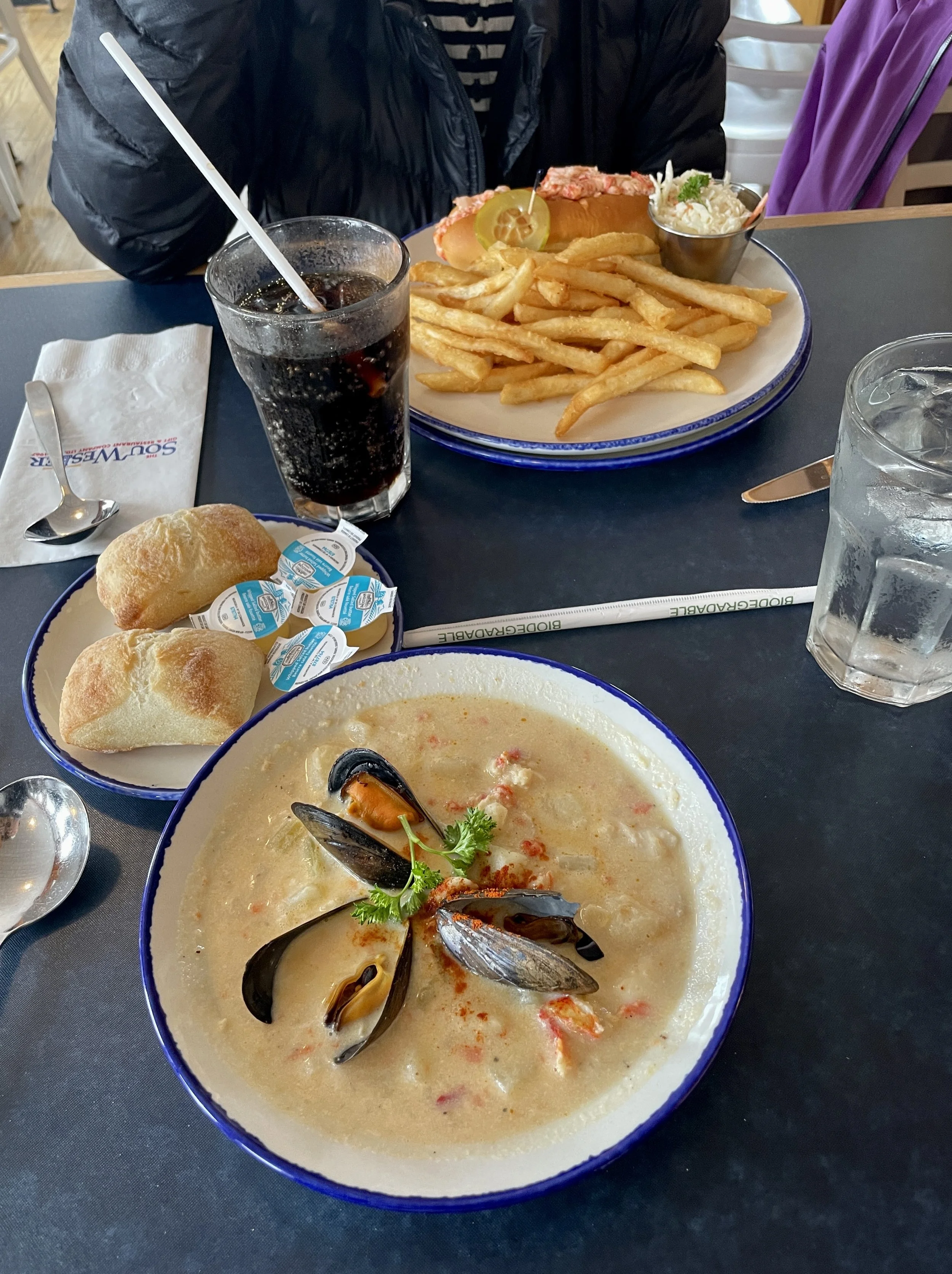  Best fish chowder ever &amp; a lobster roll at the Sou'Wester Gift &amp; Restaurant Co., Ltd., Peggy’s Cove, Nova Scotia.  It was perched on the same rock outcropping, albeit a bit back, as the lighthouse. 
