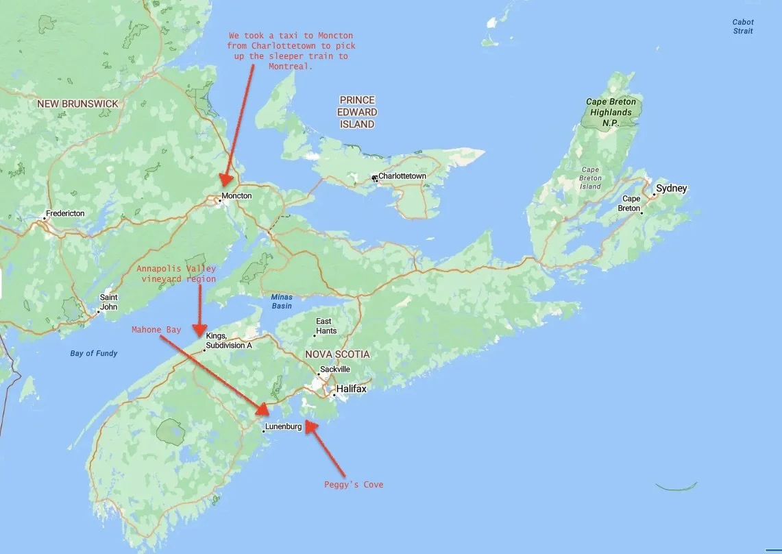  We drove on over to the town of Mahone Bay.  The fog had lifted here.  The next day we toured three vineyards in the Annapolis Valley. 