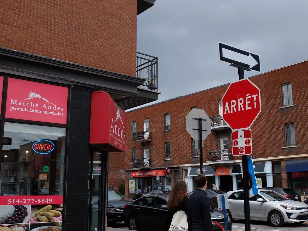  Quartier Latin, Montreal.  Four way stop sign in French. 