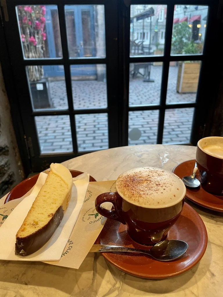  Breakfast (petit-déjeuner) at Café Olimpus next to our hotel in Old Montréal.  We had a 7:30 AM pickup for our bus tour to Québec City.                      