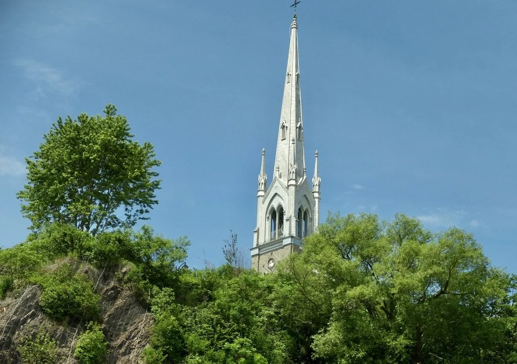  Spire of the ca. 1854 Église Saint-Michel de Sillery Church seen from Boulevard Champlain, Québec City. 