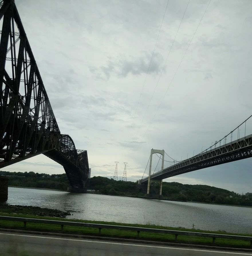  The Pont de Quebec &amp; the Pont Pierre-Laporte over the St. Lawrence River over our heads into Québec City from Parc-Chaudière, in the distance.  