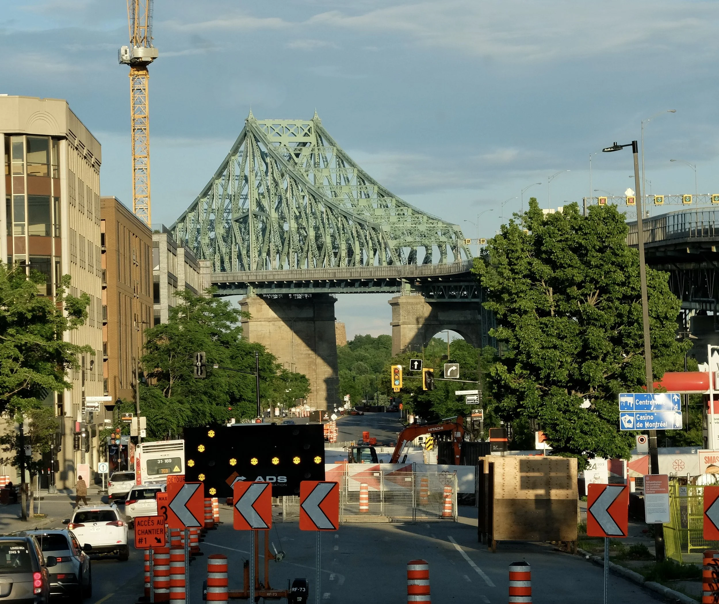  Jacques Cartier Bridge - Pont Jacques-Cartier.  From downtown Montréal.  Zoom in on the finials atop the bridge.  They're shaped like the Eiffel Tower. 