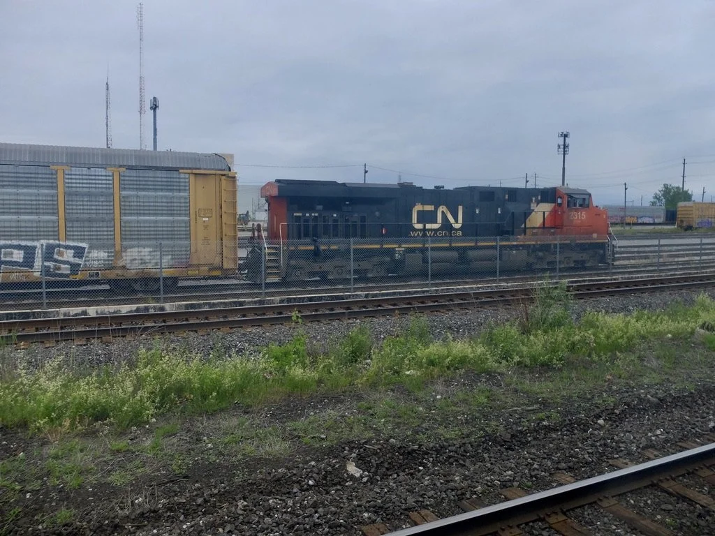  I loved those powerful diesel locomotives that would come thundering by us as we were stopped on a passing siding.  Seen from train Montréal to Toronto. 