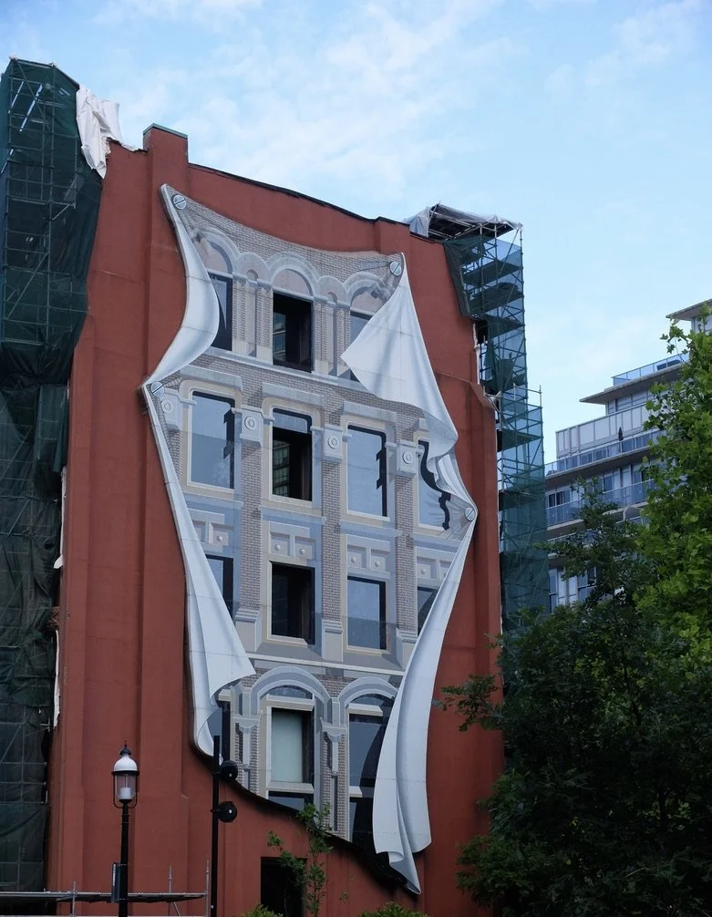  St. Lawrence Neighbourhood/Old Town Toronto a short walk from our hotel the Novotel Toronto Centre.  Trompe l’oeil wall on the rear of the Flatiron/Gooderham Building by Canadian artist Derek Besant mural is the artist’s representation of the Perkin