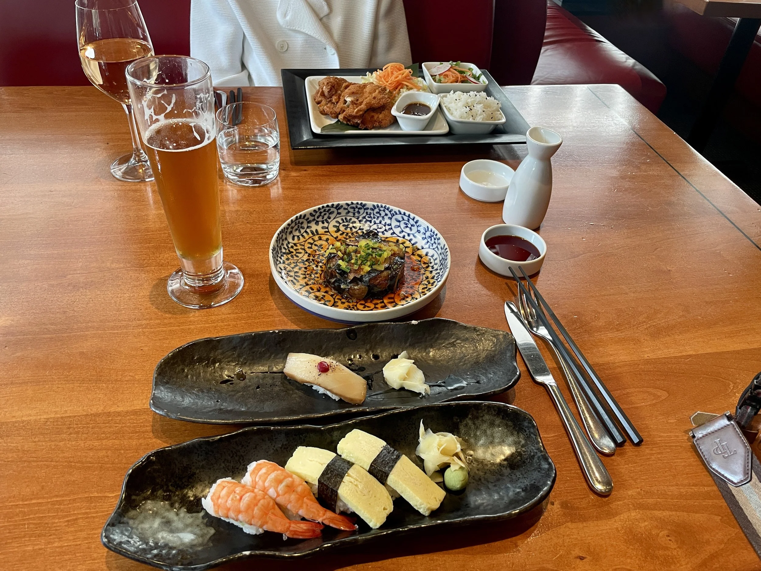  Ki in Toronto   Chicken Katsu - breaded chicken cutlet, mustard tonkatsu sauce, Napa cabbage slaw, served with house salad + steamed rice.    Butterfish - espresso maple marinade,  beef miso, + expresso brown sugar.   House Tamagoyaki omelet, Ebi ti