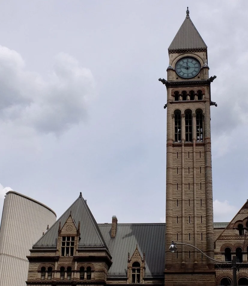  A closeup view of the tower of the Old City Hall. 