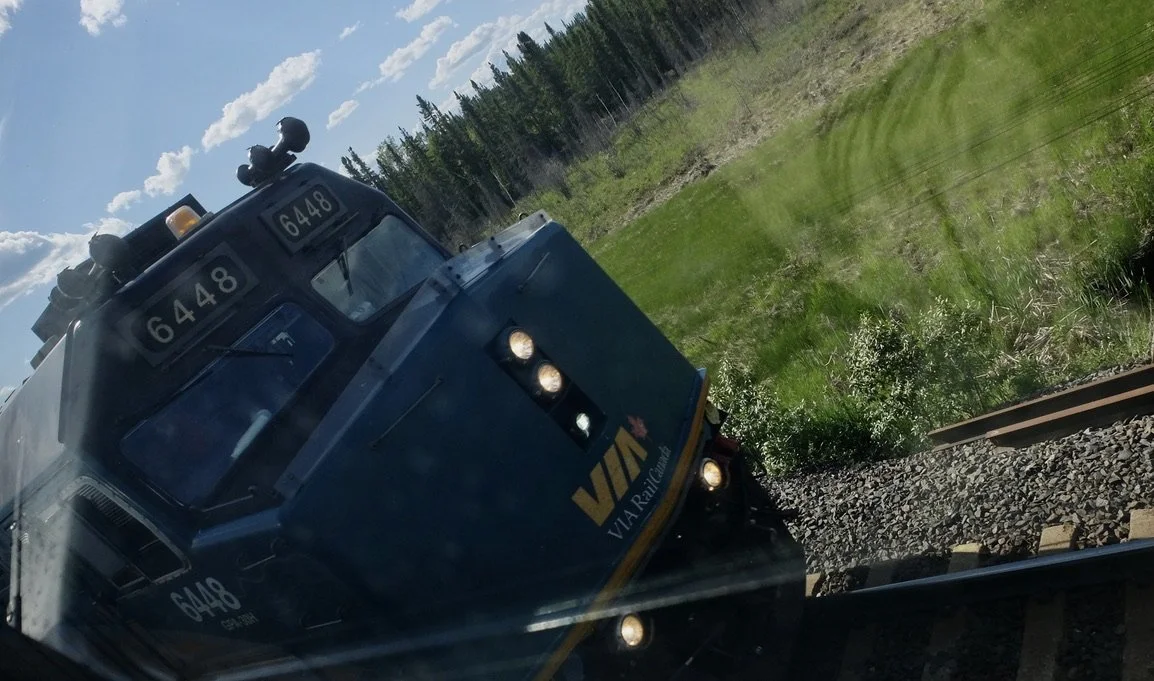  After many attempts, I finally got a photo of the freight train locomotive as it was about to thunder past us.  Our train shook.  From our Sky Dome car on The Canadian. 