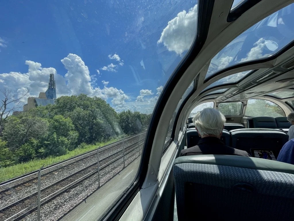  Approaching Winnipeg Railway Station (Union Station).  Ahead on the left, the Canadian Museum for Human RIghts. 