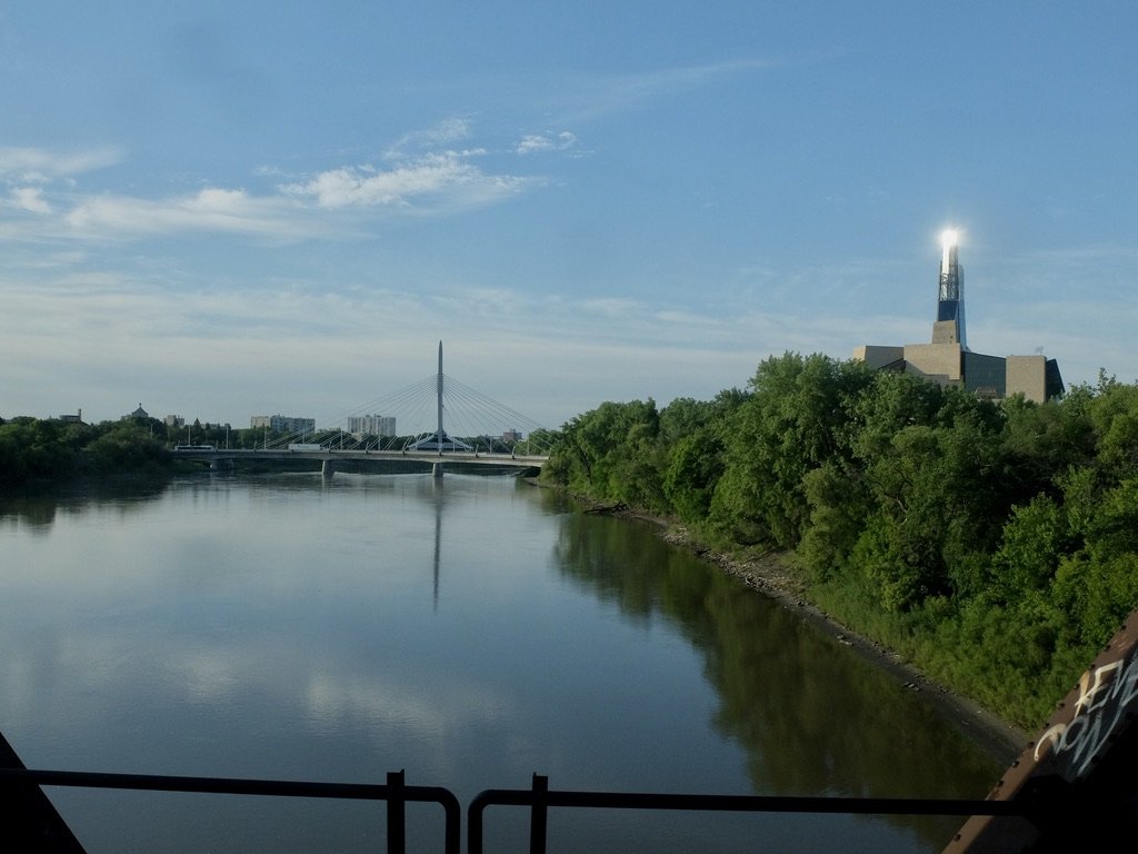  The 2003 Esplanade Riel Footbridge &amp; the Canadian Museum for Human RIghts seen from the Provencher Bridge when crossing the Red River into the Forks Area of Winnipeg.  From The Canadian. 
