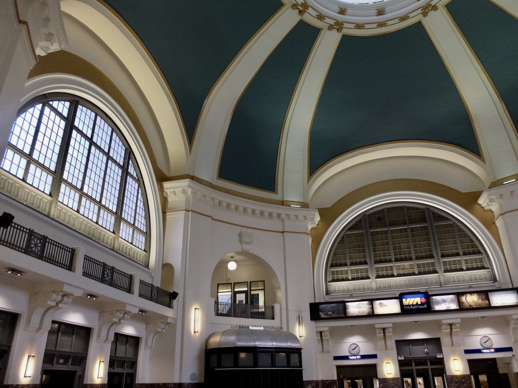 VIA Winnipeg Union Railway Station.  While eating breakfast on board, as we arrived in Winnipeg we were told:  “As a result of this incident and the time required to complete the necessary maintenance, Train 2’s scheduled service between Vancouver a
