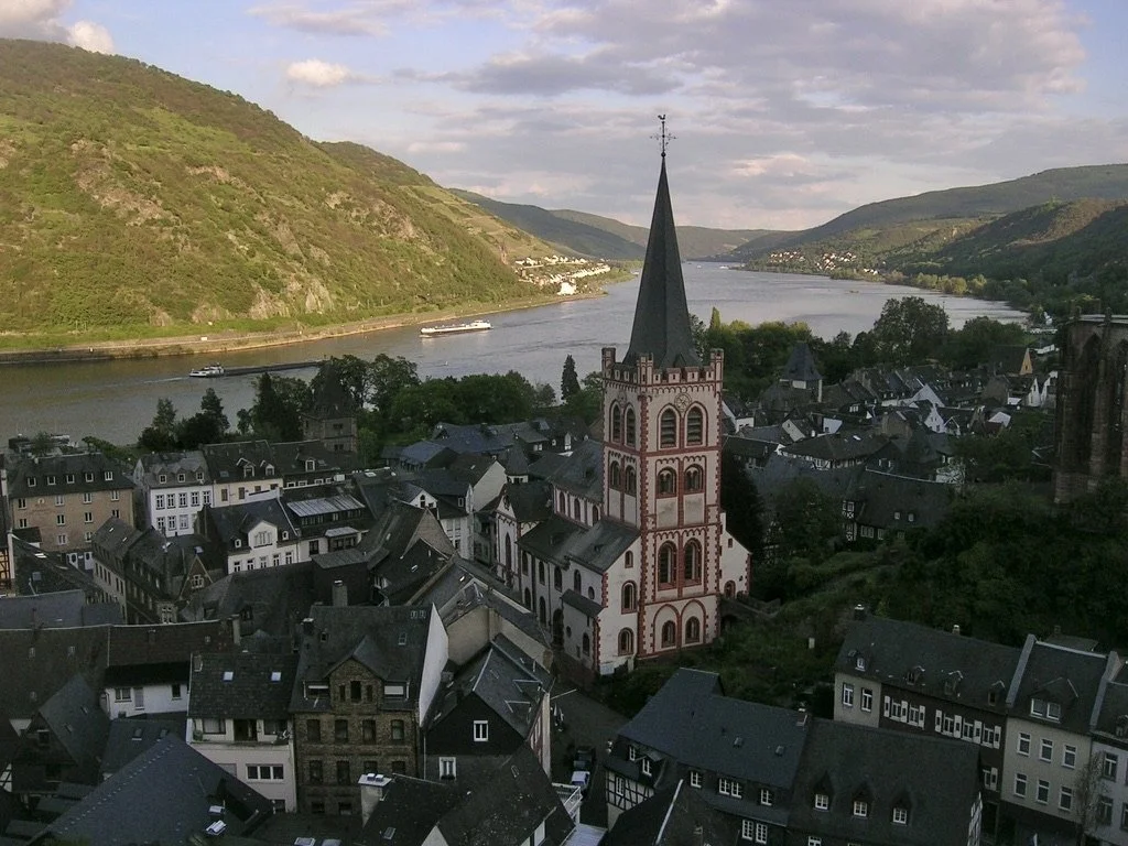  Bacharach, Rhineland-Palatinate, Germany along the Rhine River just before Coblenz. Bicycling adventure along the Rhine &amp; Mosel Rivers ending in Trier.  May 2005.  The weathervane atop the church steeple was not the reason for the photo.  Soon a