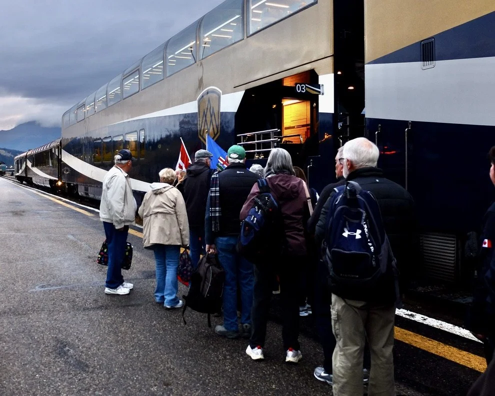  Jasper Train station 8:07 AM getting ready to board the Rocky Mountaineer.  They were well organized in greeting us &amp; assisting us to our places in the correct GoldLeaf rail car. 