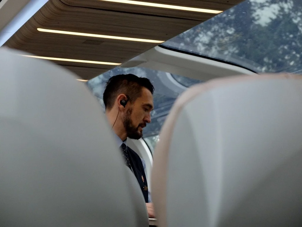 Adam, from Australia, one of our two On-Board Hosts in the GoldLeaf glass-dome coach. 
