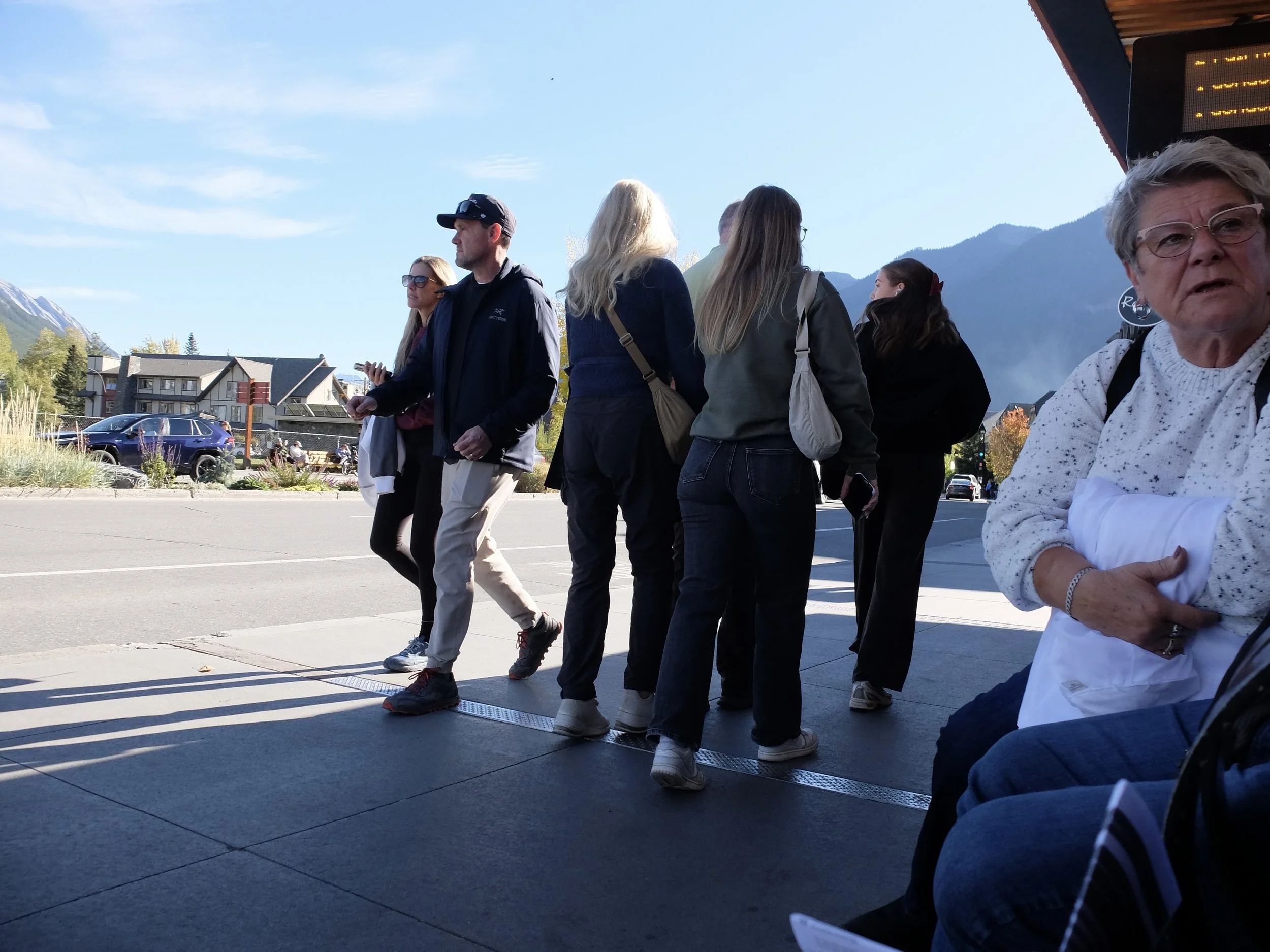  We were awaiting our #1 ROAM bus.  She &amp; her husband were from Saskatoon…the largest city in the Canadian province of Sakatchewan.  (just east of Alberta, where we were). They have a condo in Las Vegas but aren’t going to the States while things