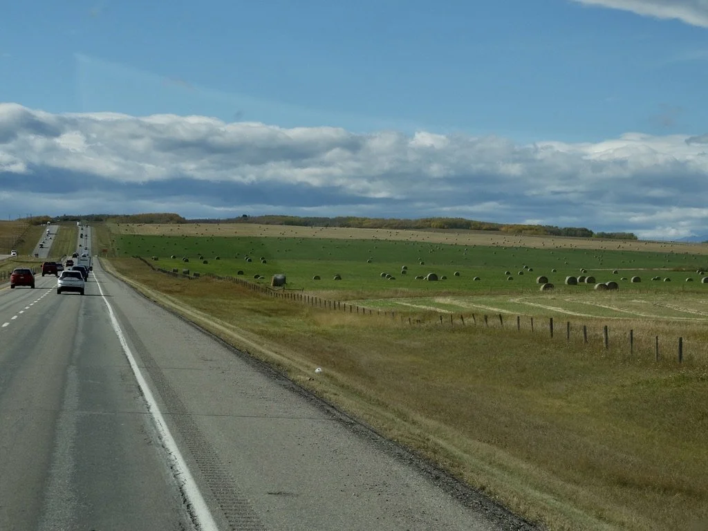  Ranch land on  Trans-Canada Highway about half way to Banff.  I liked that for the most part the rolled bales of hay we saw were not encased in a plastic wrap. 