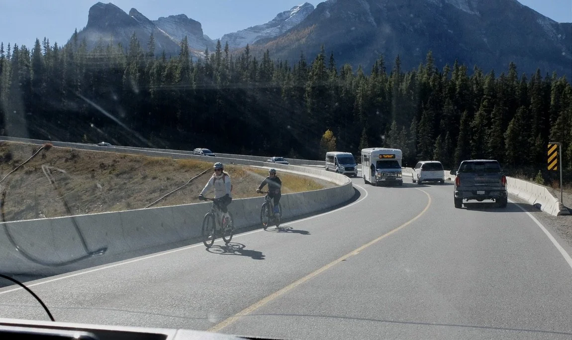  OMG, no shoulder, biking uphill, tourists in RVs;  crazy!  Highway to Banff.   