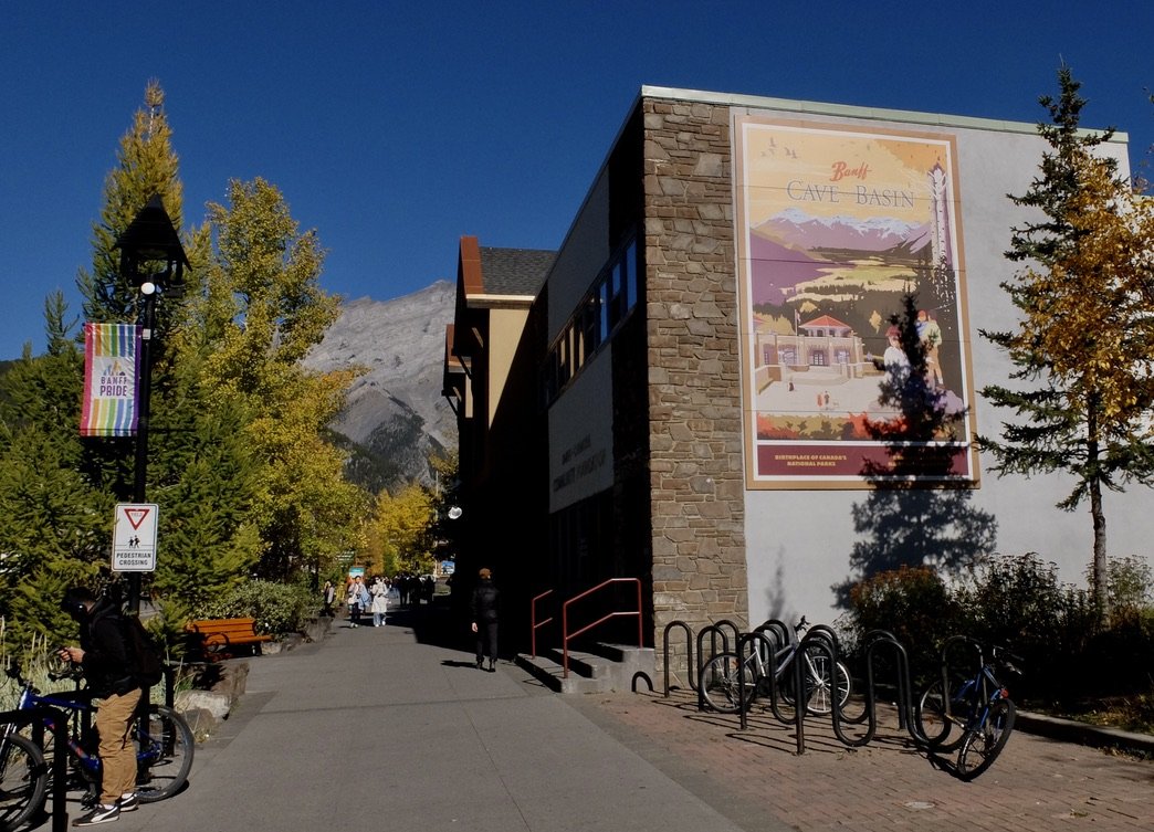  Sign for Cave and Basin National Historic Site along Banff Ave. in downtown Banff. 