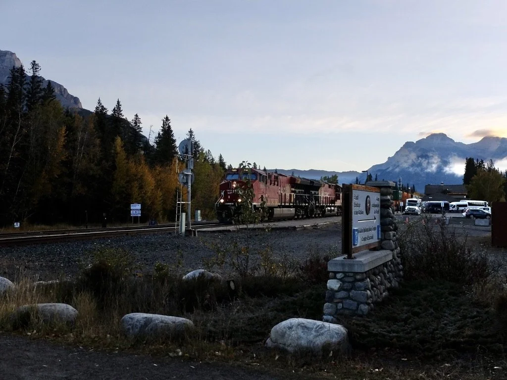  About thirty trains pass through Banff each day.  The locals are used to the required traffic stoppages disrupting their travels through town.  “Canada’s rail system is a cornerstone of the nation’s economy, trade, and connectivity, playing a critic