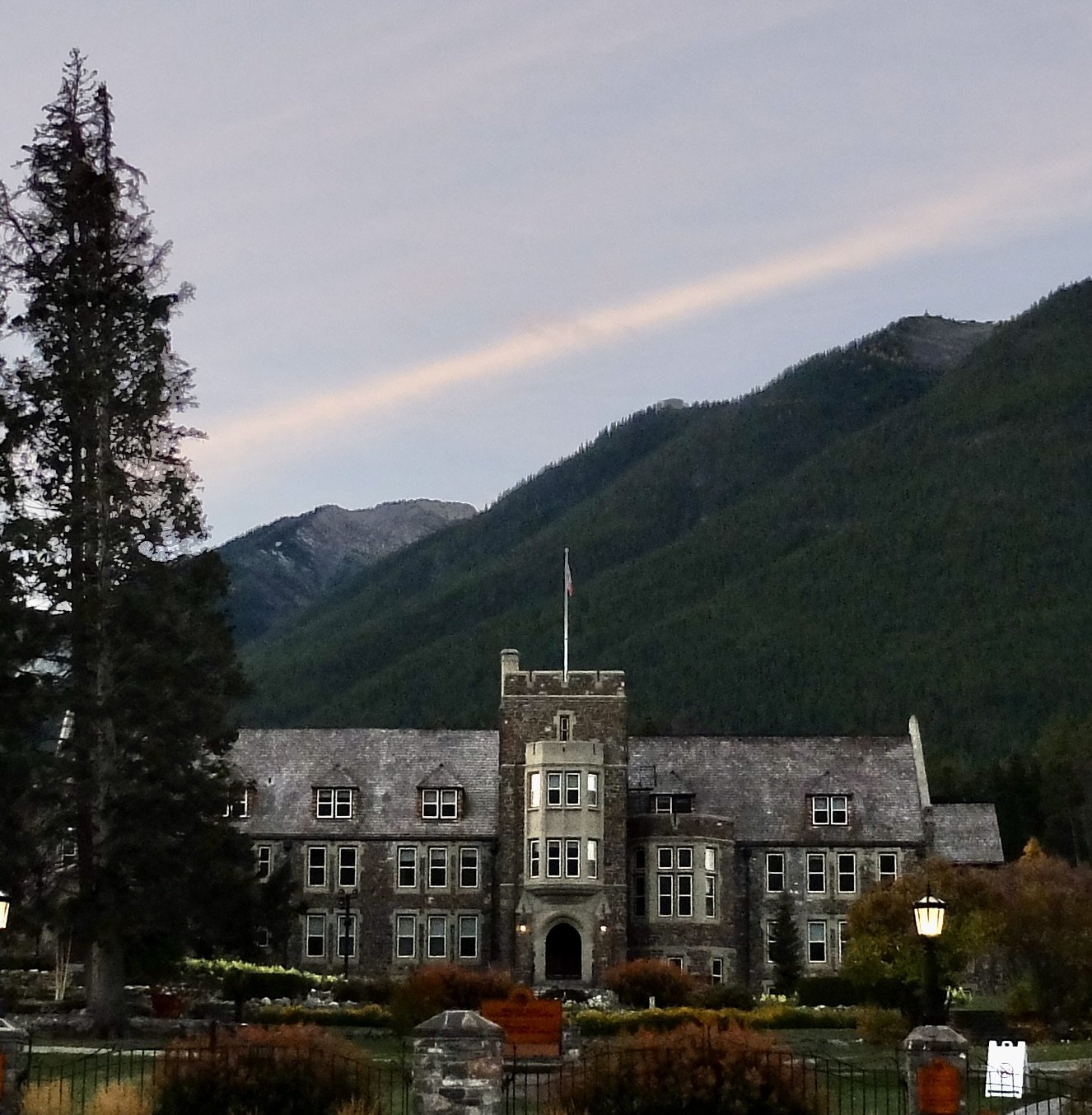  We set out early in a small Radventures tour bus with Gareth, our Tasmanian driver/ guide.    As we left Banff, we passed “The Parks Canada Administration Building is the historic stone structure that overlooks the Cascade of Time Gardens in Banff, 