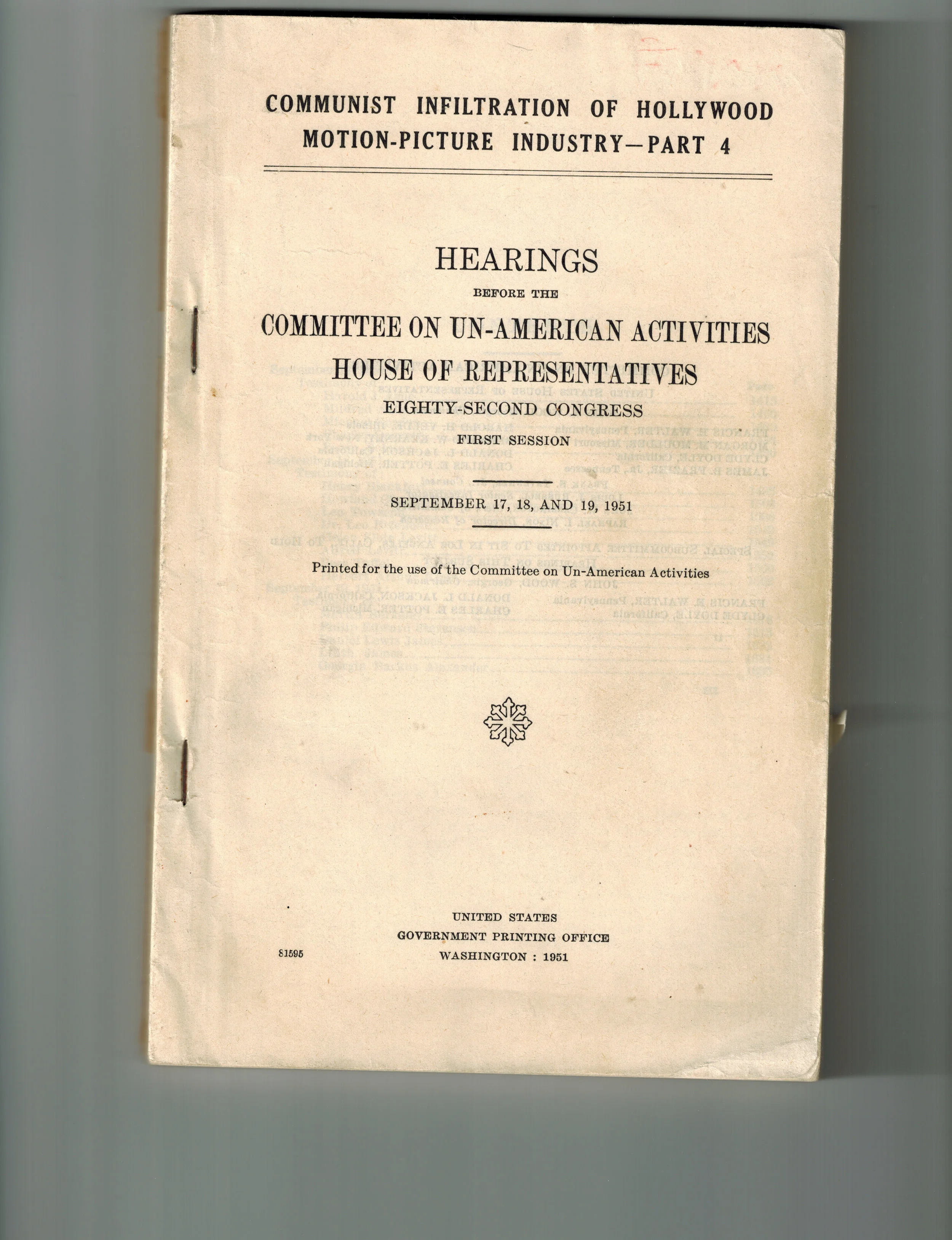 Front Cover of the 1951 HUAC Transcript