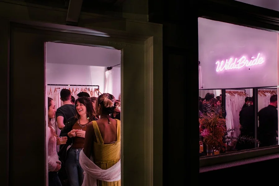 A peek into the pink-hued WildBride boutique from the outside