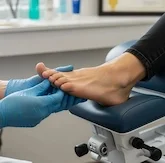 Person receiving a foot massage or medical examination from a professional wearing blue gloves in a clinical setting.