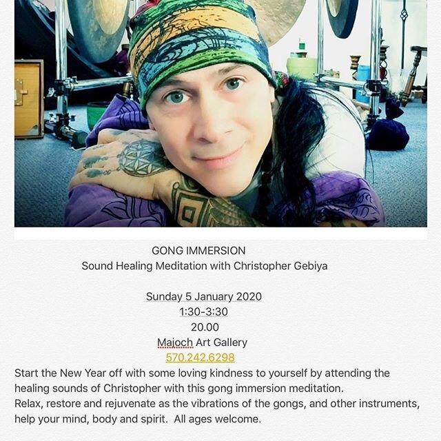 Join us Sunday in the Gallery. Christopher is back with the gongs! #vibrational healing#gong immersion#christopher gebiya#events in the gallery#majocg art gallery#art in the poconos#grateful for so much#love