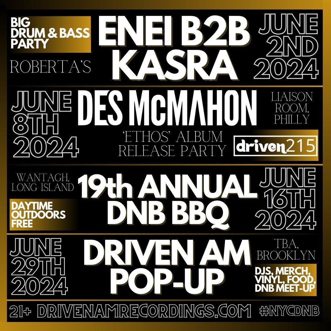 So much fun stuff coming up!
June 2nd - Big Drum &amp; Bass returns to @robertaspizza with @kasracritical B2B @eneimusique , @dieselboy , @desmcmahon , and Driven AM fam @mixmasterdoc and @agent137_ 
June 8th - Driven215 returns to the @liaisonroom i