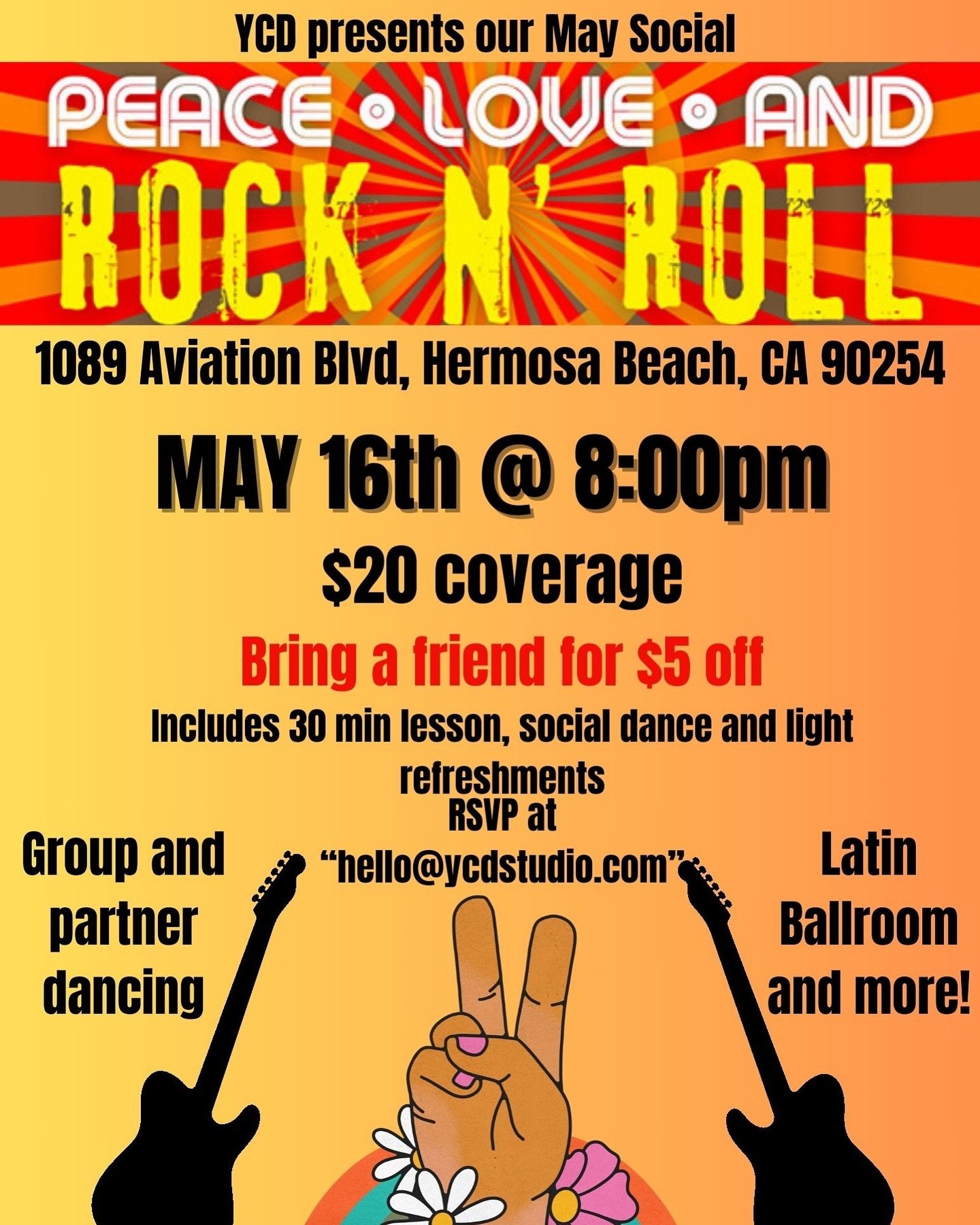 Join us this Thursday for a PEACE, LOVE AND ROCKIN&rsquo; social!! 

Dance the night away in your flower power or rocker gear!

What styles? Latin, ballroom, nightclub, and more! 

#socialdancing #latindancing #ballroomdancing