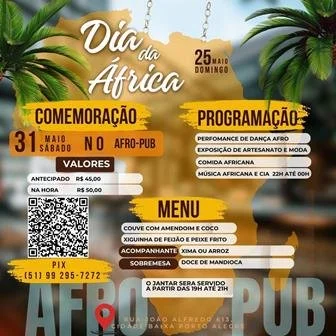 Flyer da festa do Dia da África no Afro Pub, bar que reúne a comunidade africana que vive em Porto Alegre