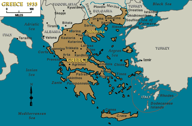 Mapa de Grecia y Salónica, alrededor de 1933