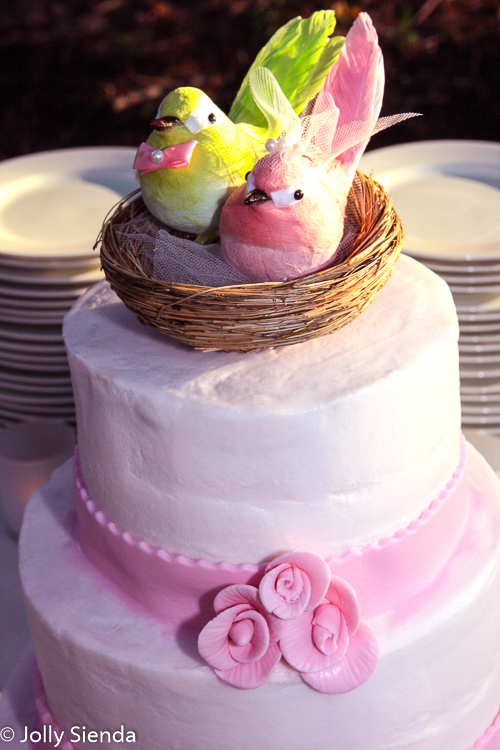 Pink and green lovebirds on a wedding cake