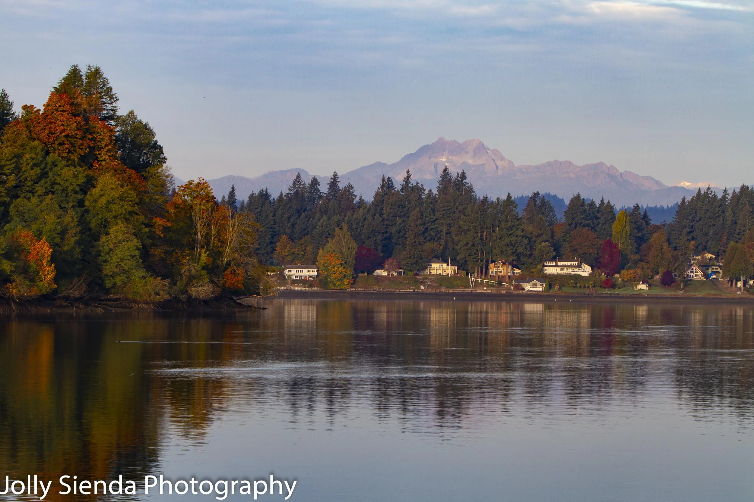 The Olympic Mountains (Brothers Mountain) and beautiful Autumn color on the Puget Sound, Bremerton, Washington