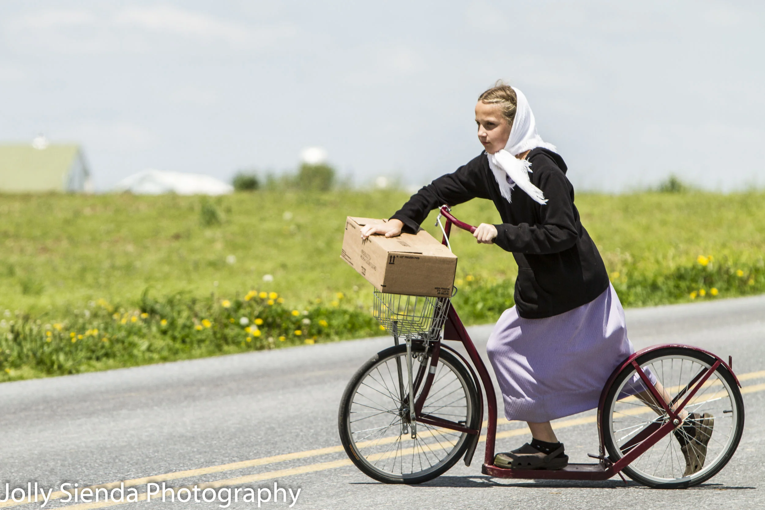 Amish girl balances a package on her basket  of her scooter bike