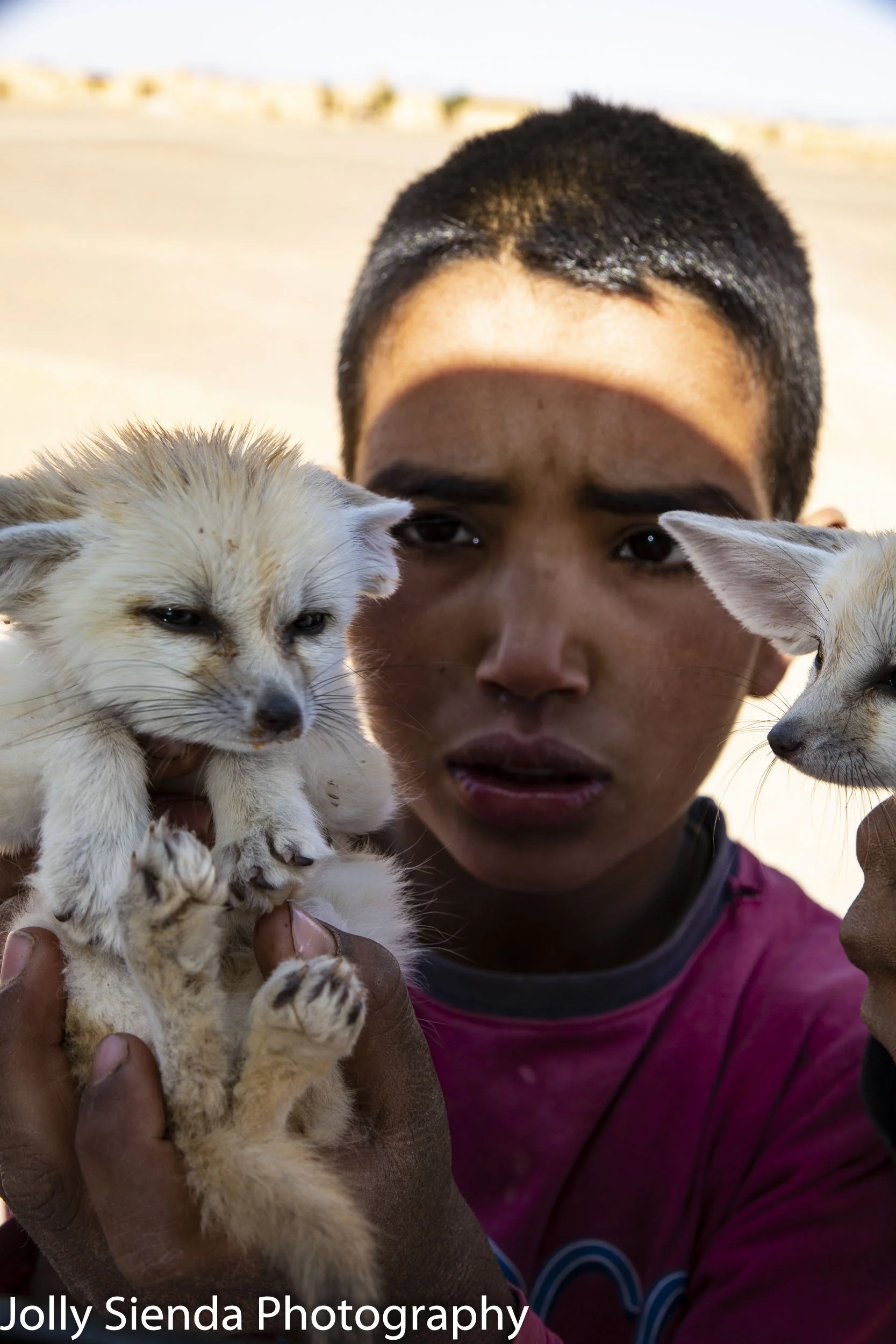 Boy holds Fennec Foxes