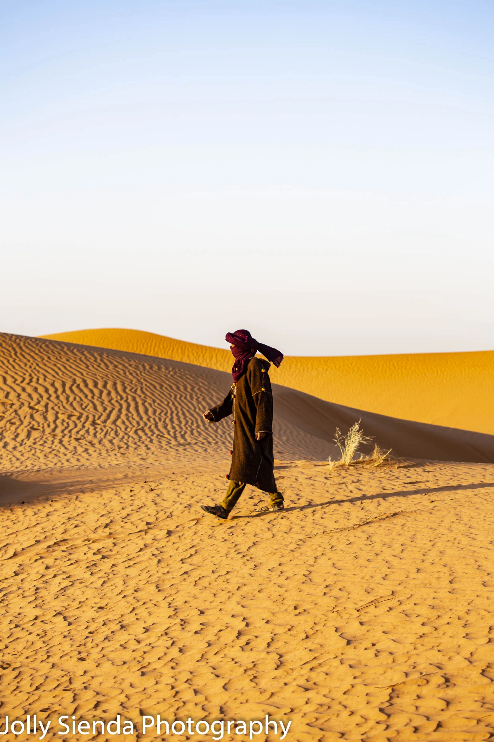 Camel herder walks the dunes at Erg Chebbi