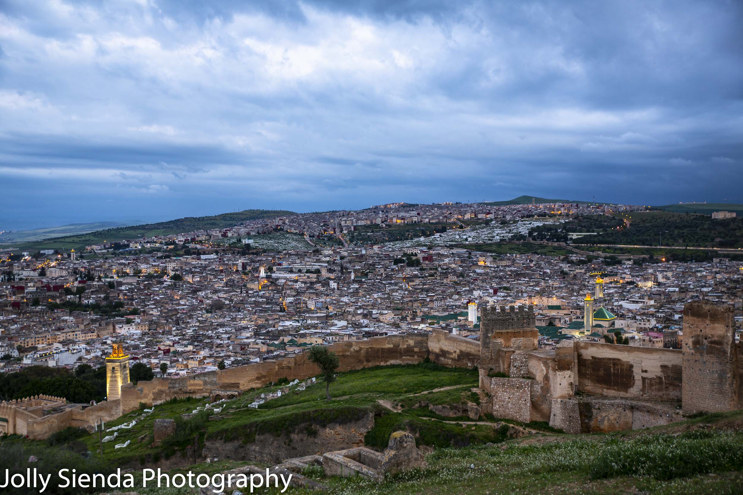 Lights of the city of Fez at dusk